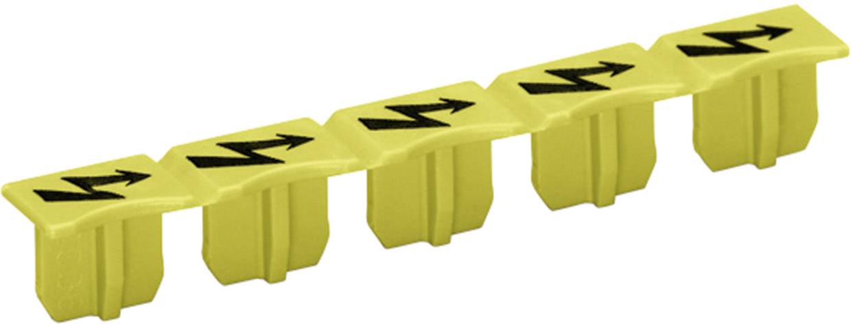 Cinq clips en plastique jaunes avec des flèches noires pointant toutes dans la même direction.