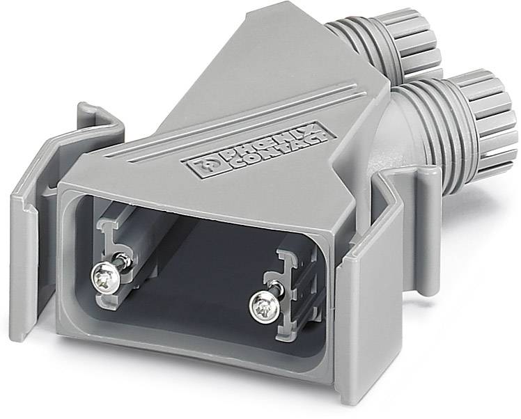 Adaptateur en plastique gris avec connexion rectangulaire ouverte, bouchons à vis striés sur le dessus.