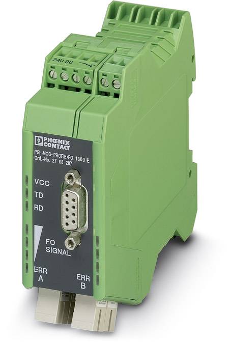 Module Phoenix Contact vert avec plusieurs connexions et voyants LED. Numéro de modèle : PSI-MOS-PROFIB/FO 1300 E.