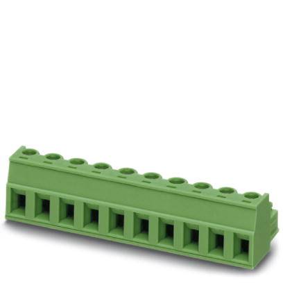 Connecteur électrique vert avec plusieurs bornes de raccordement alignées. Adapté pour la connexion de câbles et d'appareils.