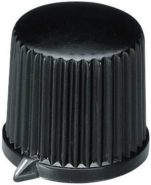 Un bouton rotatif noir strié avec une petite flèche à sa base, souvent utilisé pour commander des appareils ou des instruments.
