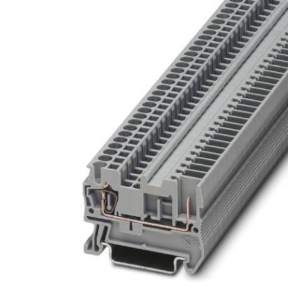 Barrette de bornes en tons de gris, utilisée pour la connexion sécurisée des conducteurs électriques dans les installations de tableaux électriques.