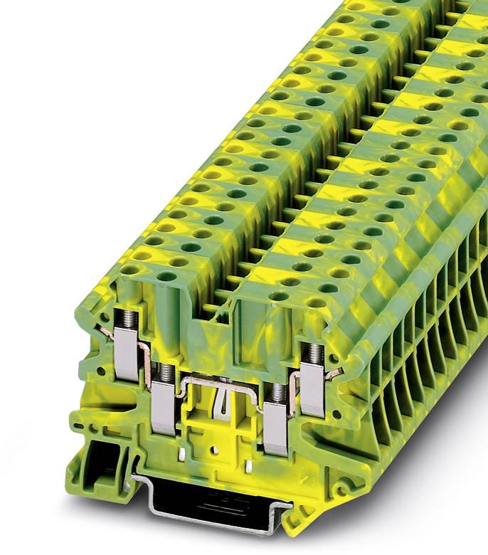 Un bloc de bornes multicouches en jaune et vert, montrant les possibilités de connexion pour des conducteurs électriques.