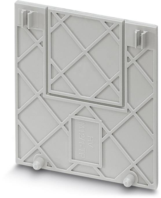 Couverture grise en plastique avec motif géométrique et emplacement marqué 'HV M12/1-TP', probablement partie d'un boîtier.