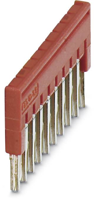 Connecteur de pont à broches rouge avec dix broches métalliques, pour relier des composants électroniques sur une carte de circuit imprimé.