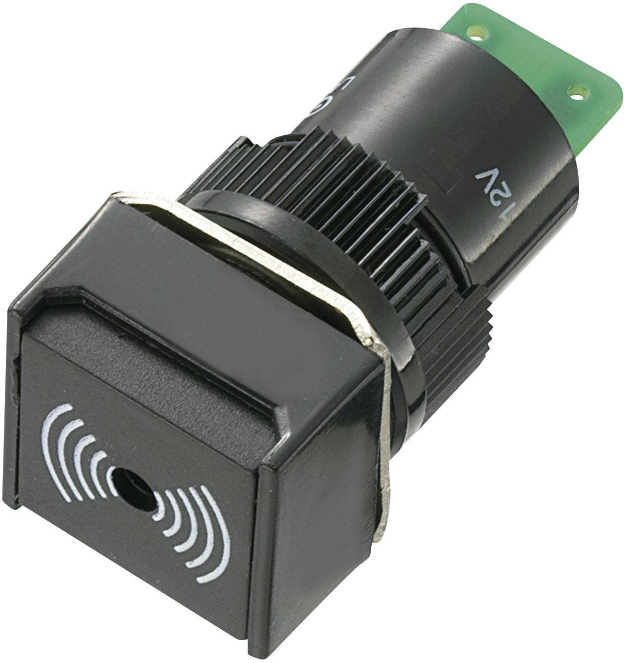 Bouton-poussoir noir avec des lignes ondulées blanches, représentation d'un émetteur radio, monté sur un socle vert portant l'inscription '12V'.