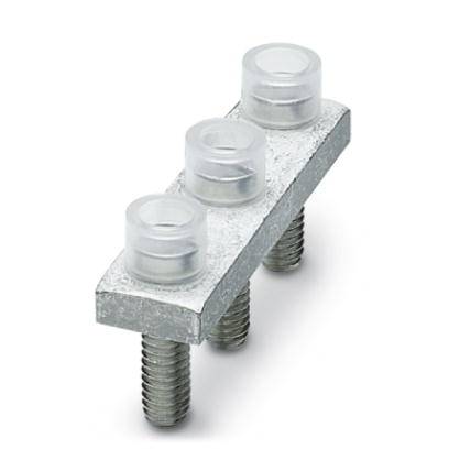 Bloc de connexion métallique avec trois caches en plastique transparents et deux vis de fixation.