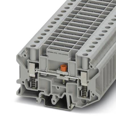 Barrette de connexion grise pour montage sur rail DIN. Plusieurs points de connexion en haut ; ressorts et clips de fixation en bas.