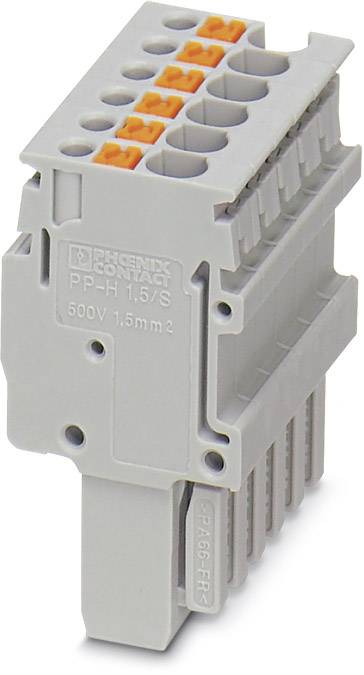 Connecteur électrique gris avec plusieurs bornes, adapté pour 500V, câble 1,5mm². Marquage : 'PP-H 1,5/S PHOENIX CONTACT'.