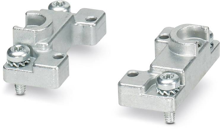 Deux supports métalliques avec des vis, pouvant être utilisés pour fixer des tuyaux ou des câbles.