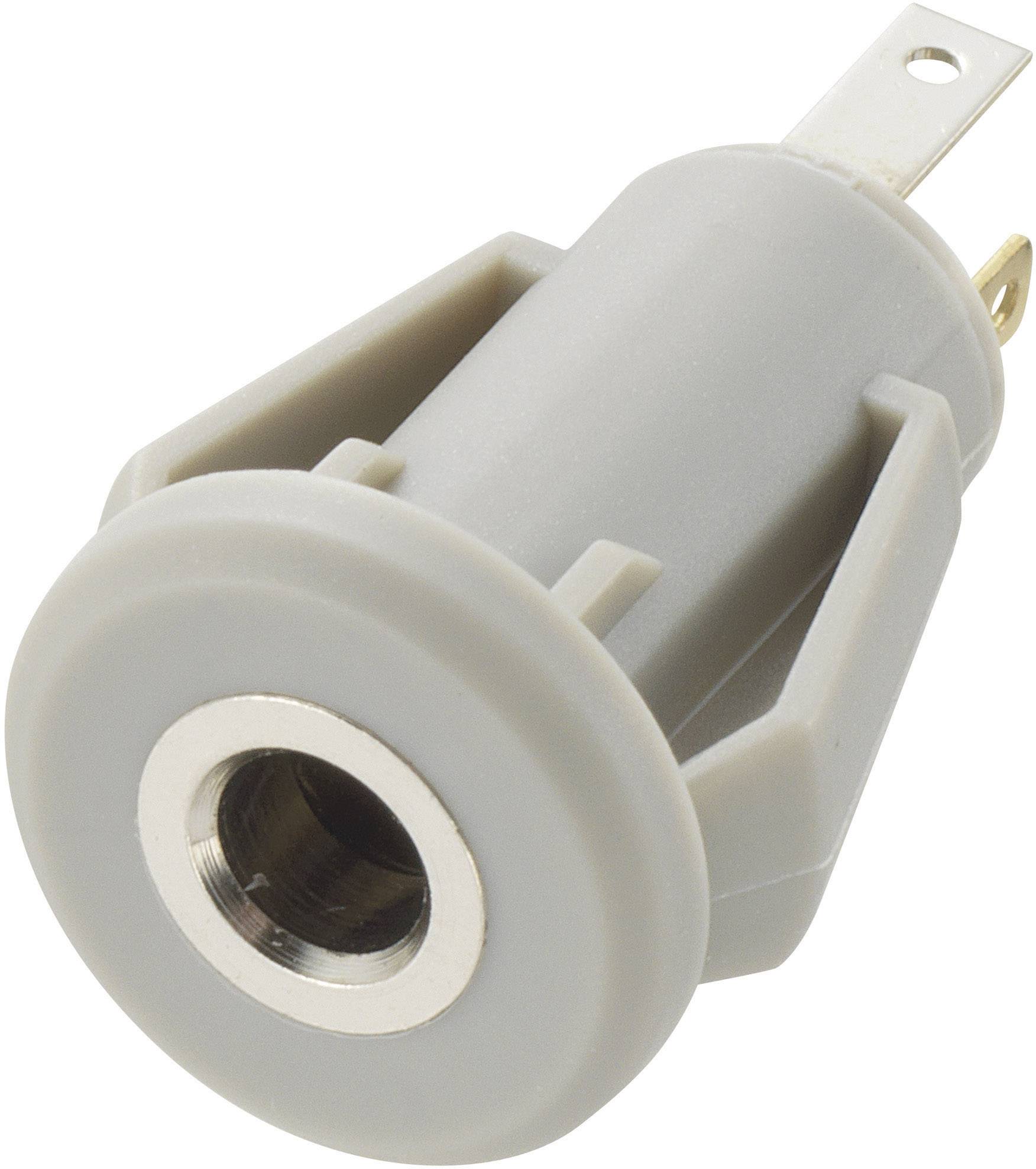 Adaptateur cylindrique gris avec connexion métallique et boîtier en plastique, comprenant trois broches de connexion.