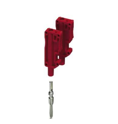 Deux pièces en plastique rouge rectangulaires avec des détails techniques et une longue vis métallique en bas. Possible composant d'un appareil.