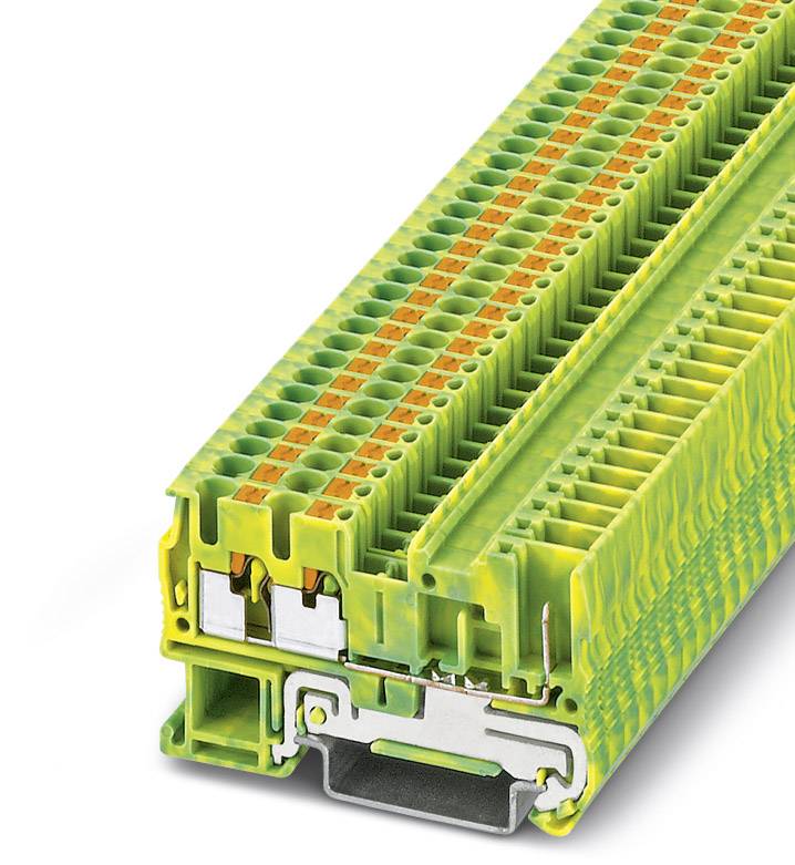 Barrette de connexion multipolaire vert-jaune avec contacts métalliques pour connexions électriques dans des applications industrielles.