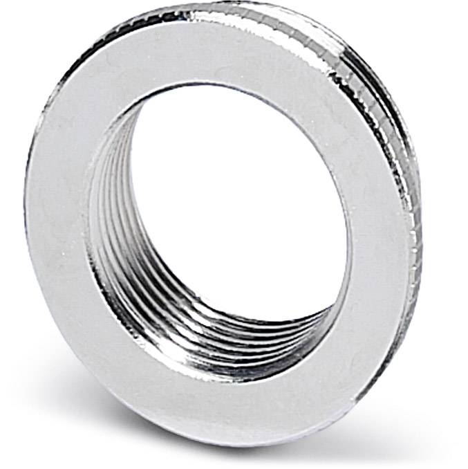 Une bague en métal argenté avec filetage intérieur, souvent utilisée comme adaptateur de raccordement ou joint d'étanchéité dans les systèmes sanitaires et de tuyauterie.