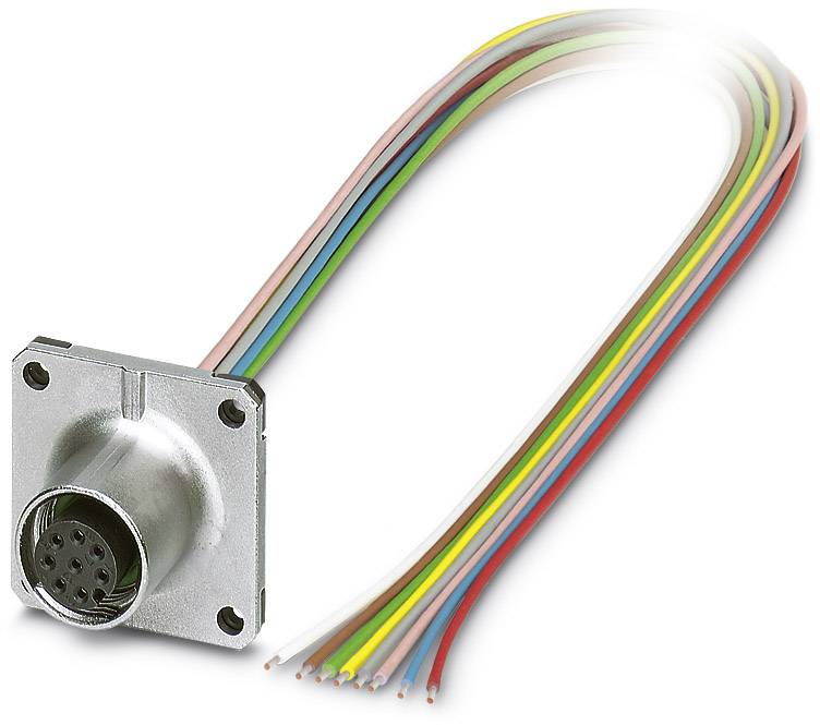 Connecteur métallique avec plusieurs câbles de couleurs sortant d'un boîtier rond muni d'une prise. Adapté pour des applications techniques.