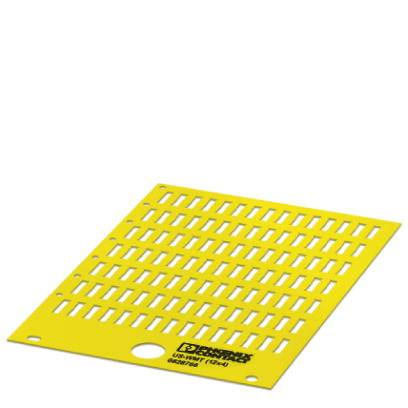 Grille en plastique jaune avec des ouvertures rectangulaires et un trou rond en bas. Adapté pour le drainage ou la ventilation.