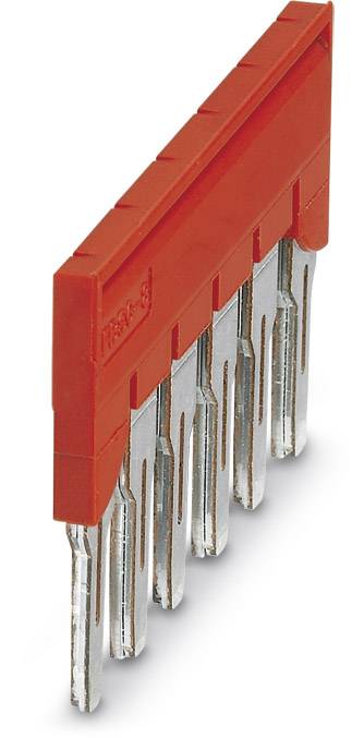 Un bloc de pont de connexion rouge avec six broches métalliques argentées. Il sert à connecter des circuits ou des cartes de prototypage en électronique.