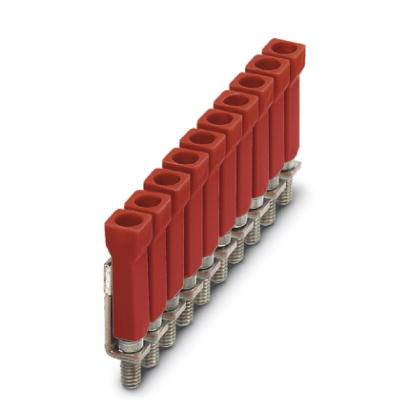 Borne électrique à connexion enfichable avec des bornes de raccordement rouges, montées en rangée, pour la connexion de câbles dans des circuits électriques.