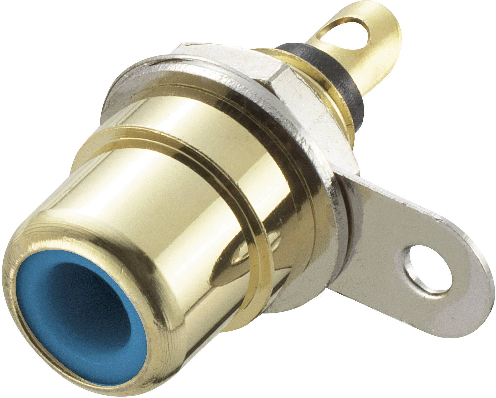 Connecteur avec boîtier métallique et isolation bleue, adapté pour un montage par vis fourni ; utilisé pour les connexions électroniques.