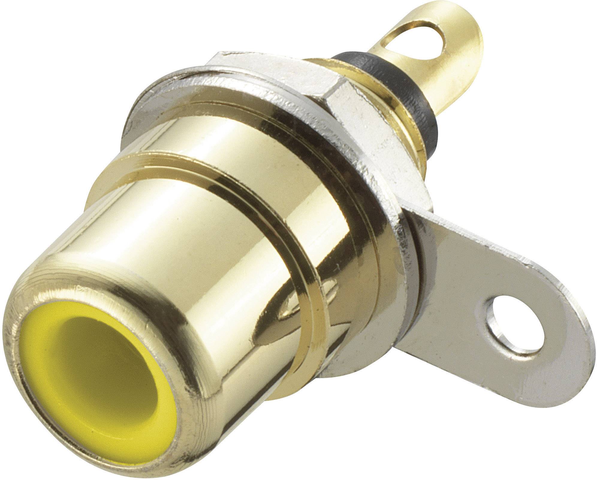 Prise RCA dorée avec intérieur jaune, montée sur un support métallique. Utilisée pour les connexions audio et vidéo.