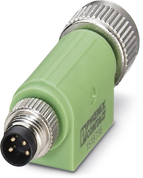 Un connecteur M12 vert coudé avec un filetage métallique, trois broches visibles, logo de marque 'PHOENIX CONTACT' imprimé sur le côté.
