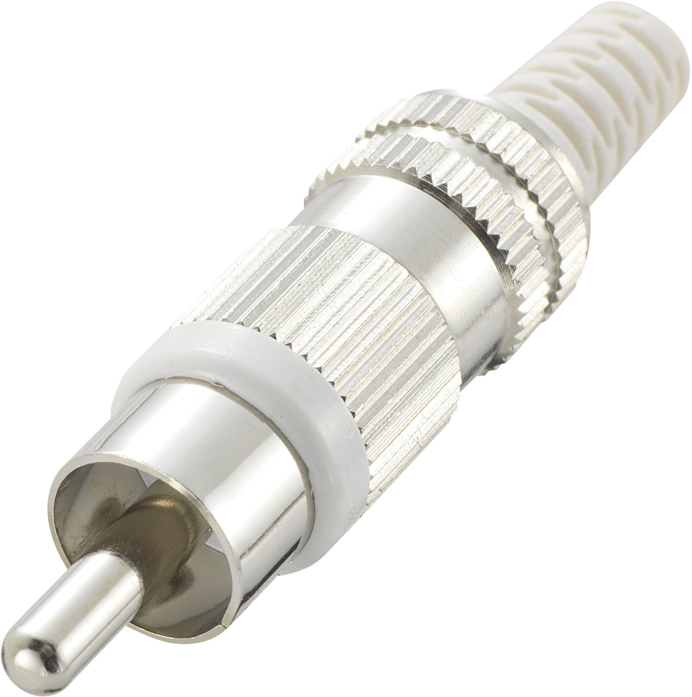Un connecteur RCA argenté avec une manchette cannelée et un capuchon en plastique, utilisé pour la transmission de signaux audio et vidéo.
