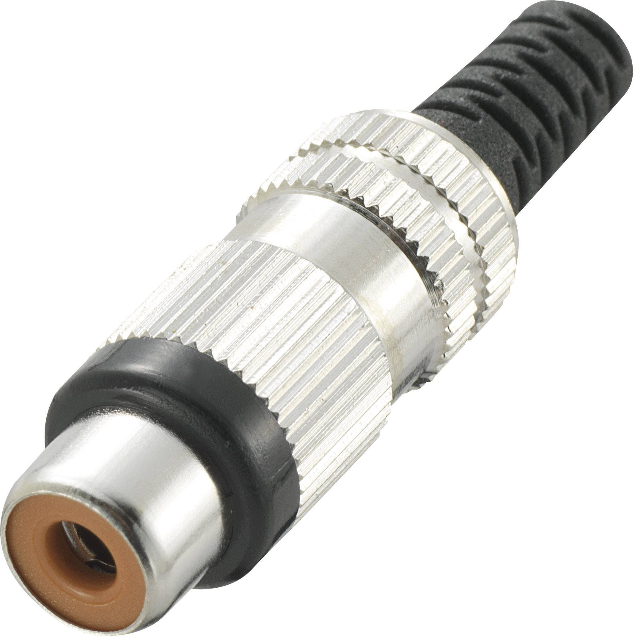 Un connecteur RCA argenté avec un câble noir, couramment utilisé pour les connexions audio et vidéo.