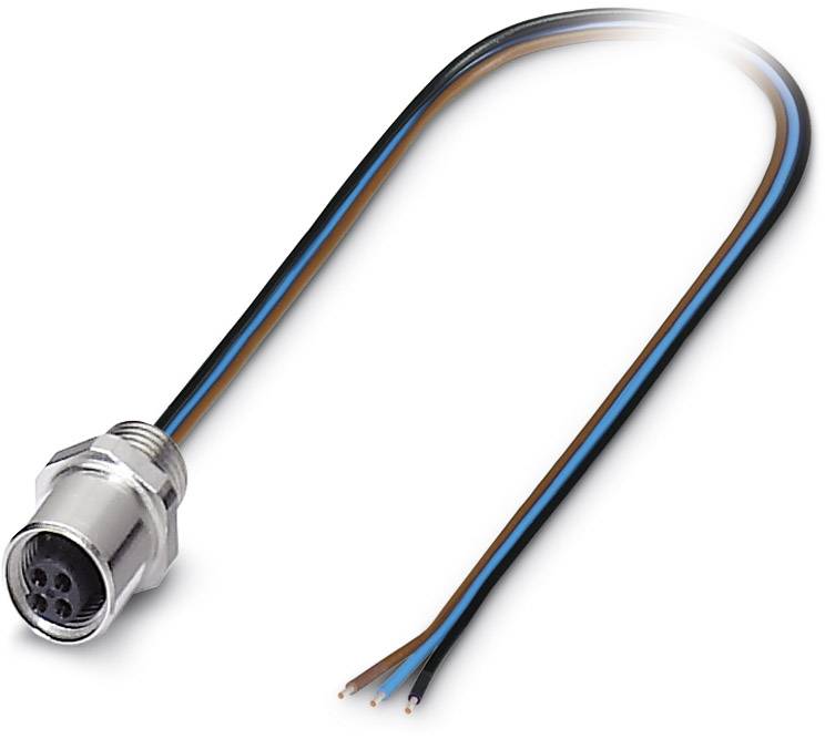 Un connecteur électrique circulaire avec un câble apparent comportant trois conducteurs bleu, noir et marron, sur un fond blanc.