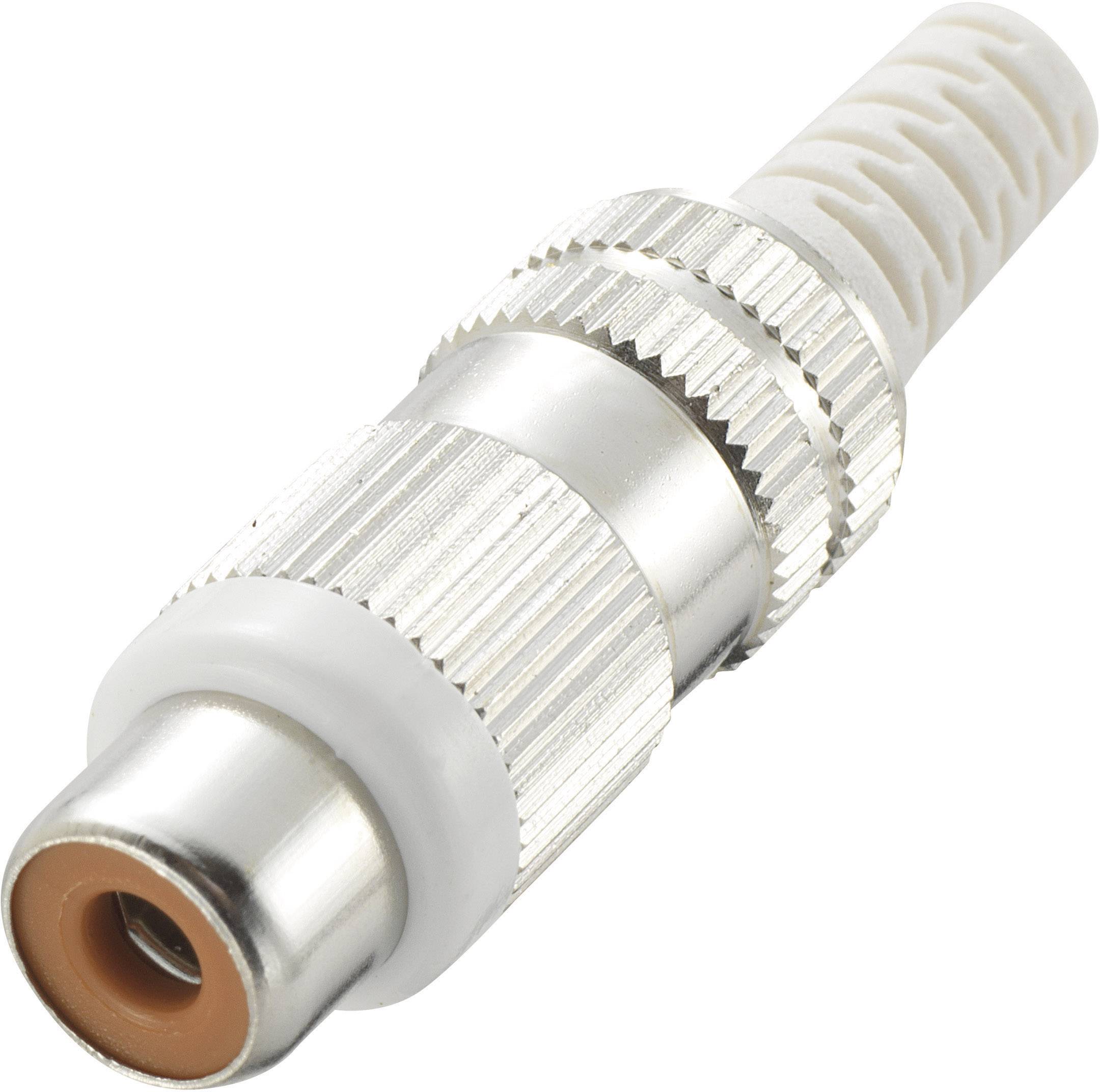 Connecteur métallique avec poignée striée et embout orange, souvent utilisé pour les connexions électroniques.