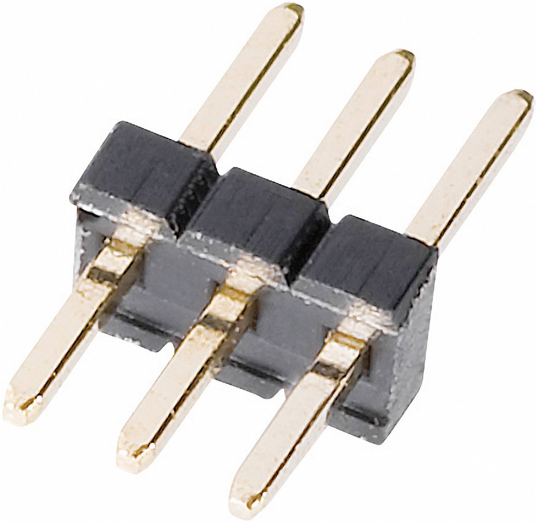 Connecteur mâle à 3 pôles avec contacts dorés et base noire, utilisé pour les connexions électriques.