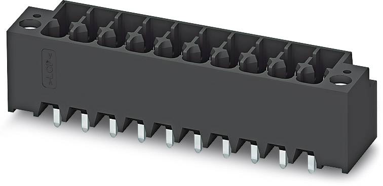 Un connecteur électrique noir avec plusieurs broches dépassant par le bas, destiné à être installé dans des appareils électroniques.