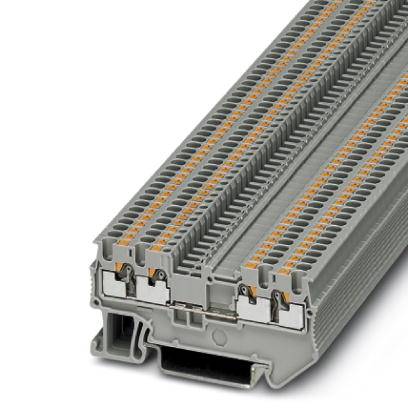Barrette de connexion multicouche avec boîtier gris et éléments orange, adaptée aux installations électroniques industrielles.