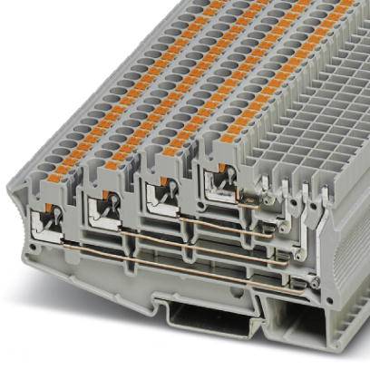 Barrette de jonction grise avec plusieurs points de connexion et leviers orange pour le câblage électrique dans les tableaux de distribution.