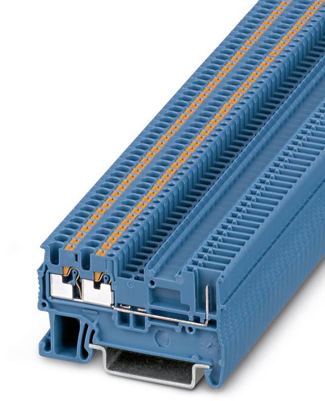 Borne de raccordement bleue avec des marquages orange et plusieurs possibilités de connexion pour le câblage électrique.