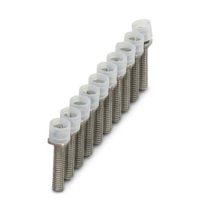 Une rangée de dix vis disposées uniformément, munies de clips en plastique sur le dessus.