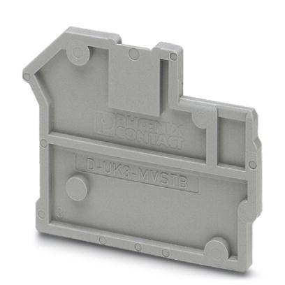 Capot de protection en plastique gris de PHOENIX CONTACT portant l'inscription 'D-UK 3-MVSTB', illustrant la structure et la forme du capot.