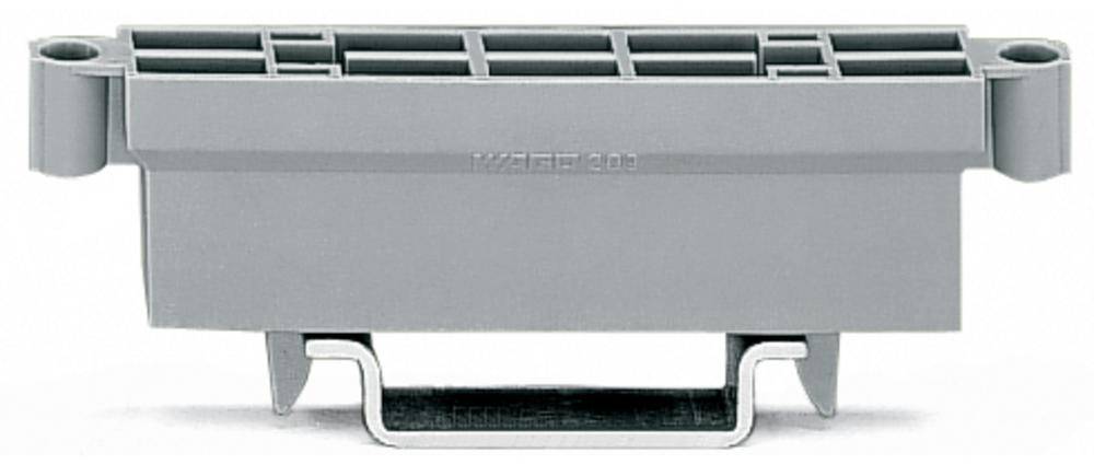 Élément mécanique gris de forme rectangulaire avec un support en bas, probablement un élément de sécurité ou un composant dans un dispositif technique.