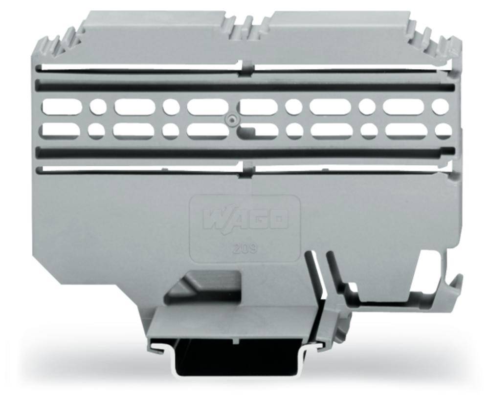 Un adaptateur de bornes en série électrique gris, rectangulaire avec des ouvertures de ventilation. Conçu pour des applications industrielles.