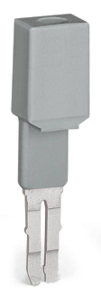 Connecteur électronique gris avec un boîtier rectangulaire et deux contacts métalliques en bas, adapté pour se connecter à des systèmes électriques.