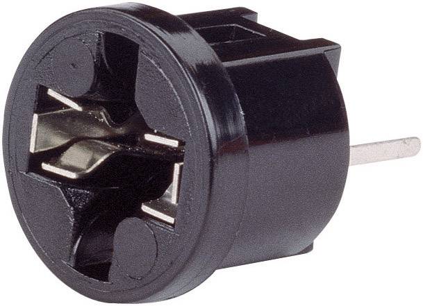 Un support de batterie noir et rond avec une broche métallique sur le côté droit, servant à maintenir la batterie en place.