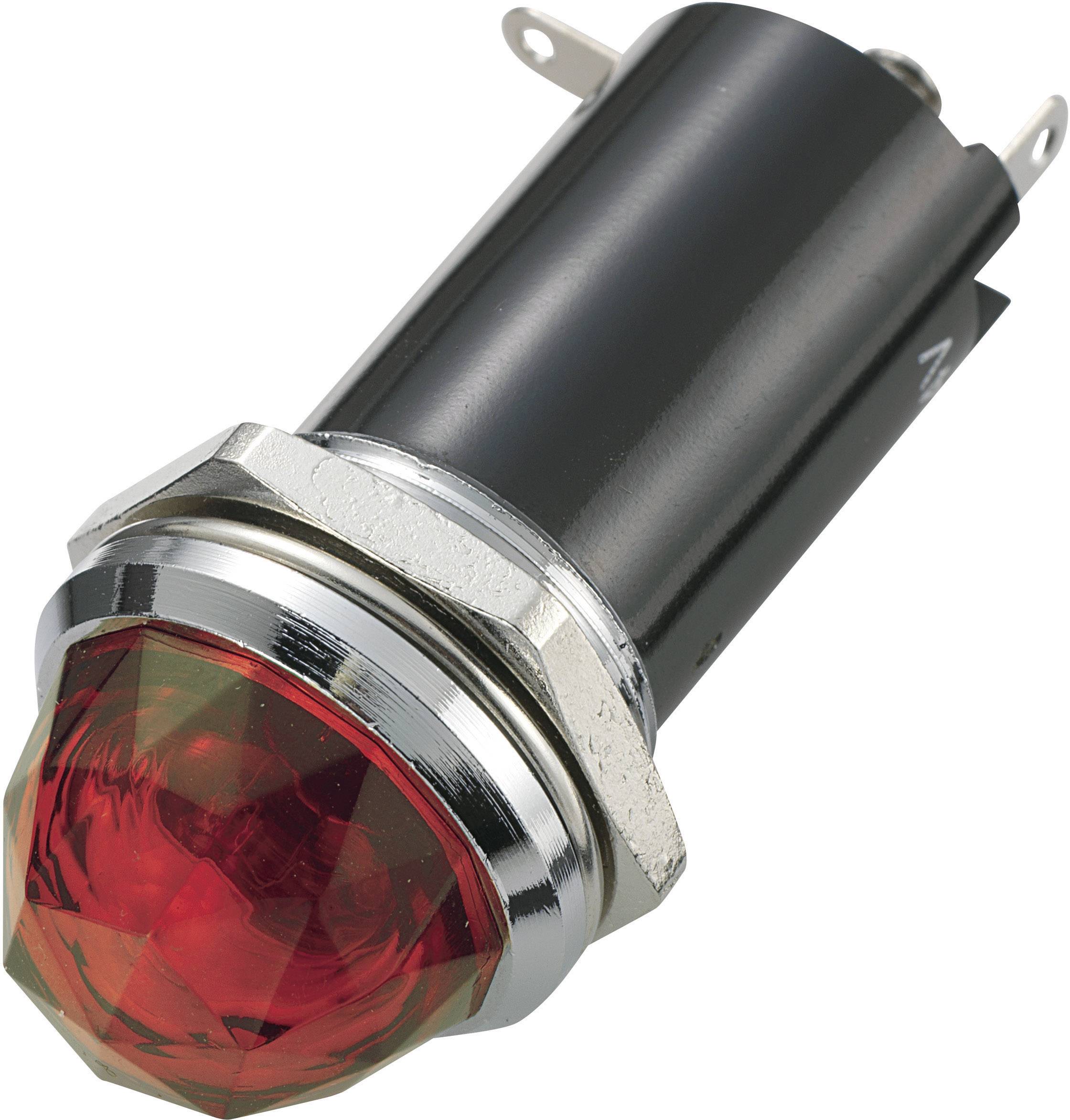 Un bouton-poussoir lumineux rouge de forme cylindrique avec un boîtier métallique et deux bornes, adapté aux applications électroniques.