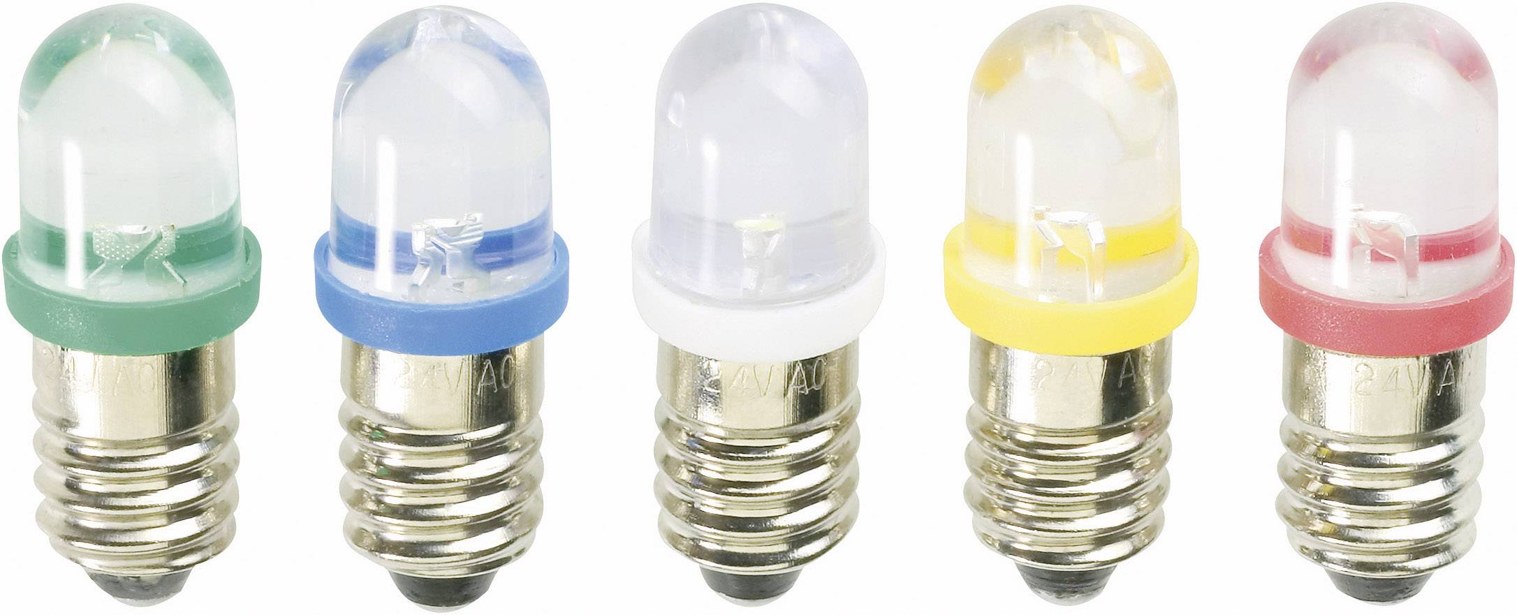Cinq ampoules LED de différentes couleurs : vert, bleu, blanc, jaune et rouge. Elles sont disposées côte à côte en ligne.