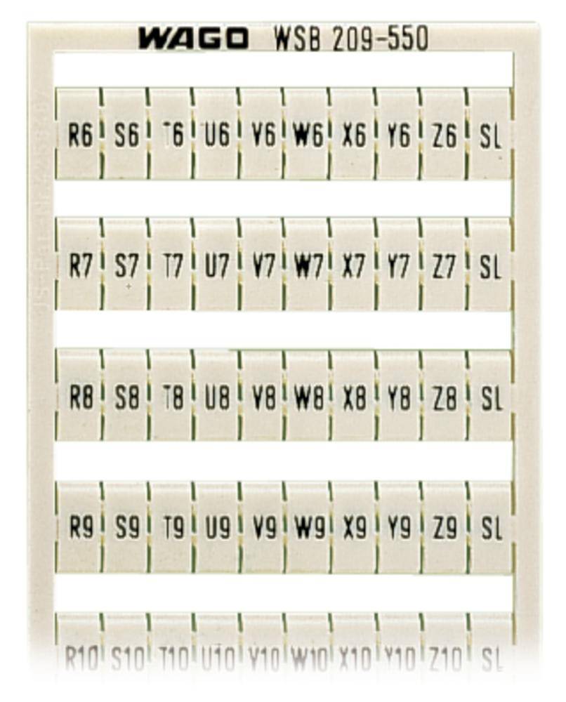 Étiquettes de marquage 'WAGO WSB 209-550' en grille, identifiées par des combinaisons de chiffres et de lettres allant de R6 à Z9 et SL.