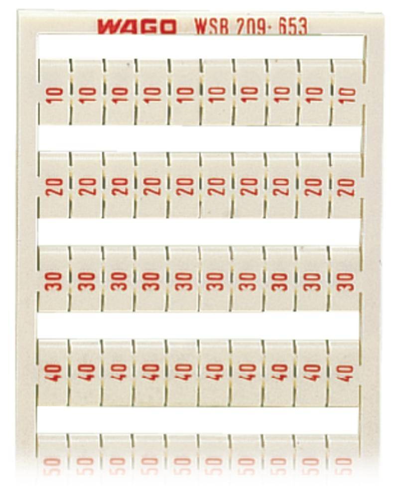 Étiquettes 'WSB 209-653' de WAGO, numérotées de 10 à 50 par pas de 5, sur une plaque support rectangulaire.