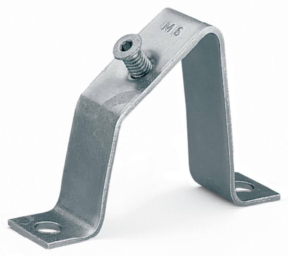 Support de fixation métallique avec vis en haut, plat aux deux extrémités avec des trous de montage. Conçu pour un maintien sécurisé des composants.