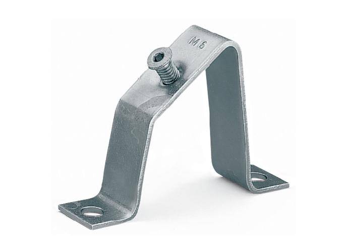 Support métallique avec deux trous de fixation, courbé en forme de U, vis au centre du côté supérieur.