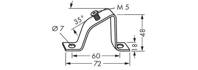 Un dessin technique d'un équerre métallique avec les dimensions suivantes : longueur 72 mm, hauteur 48 mm, diamètre de perçage 7 mm, angle 35 degrés, vis M5.