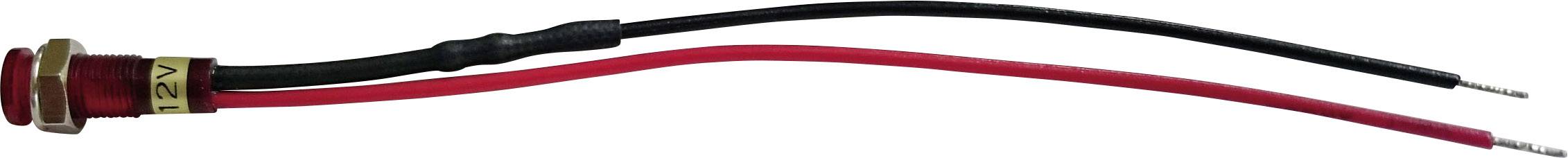 Lumière LED rouge avec câble noir et rouge, marquée '12V' sur le boîtier métallique, indiquant le passage du courant.
