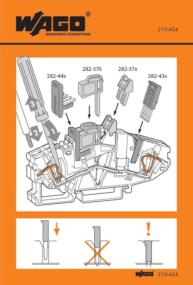 Présente un dessin technique d'un système de connexion de câbles avec identification numérique : 282-44x, 282-37x, 282-43x. Affichage avec instructions de montage.