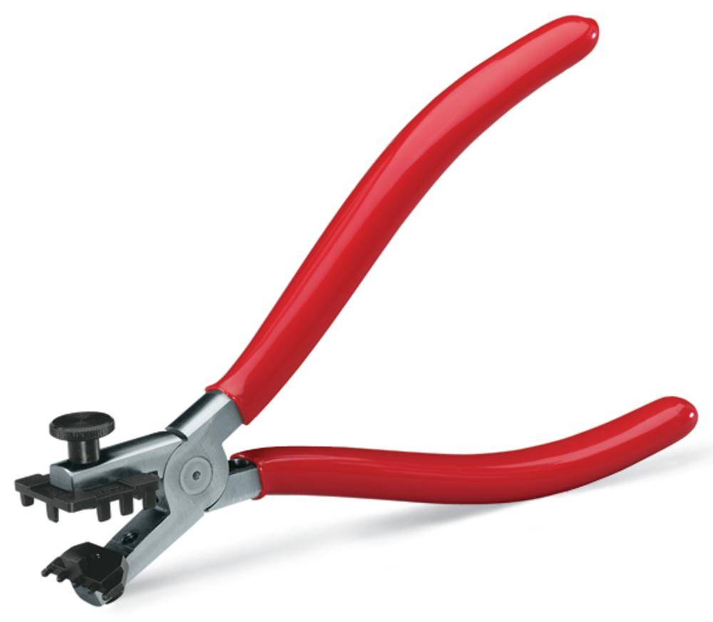 Une pince à riveter rouge avec une tête noire, utilisée pour l'installation de rivets ou d'anneaux dans des matériaux.